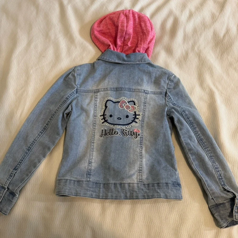 Hello Kitty Pink Embroidered Jean Denim Hooded Jacket Girl's Sz 6 Zip & Button